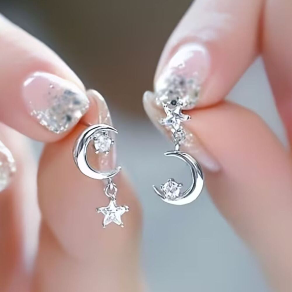 Silver Moon & Star Dangle Post Earrings Clear Zirconia Crystal Gmstone Celestial